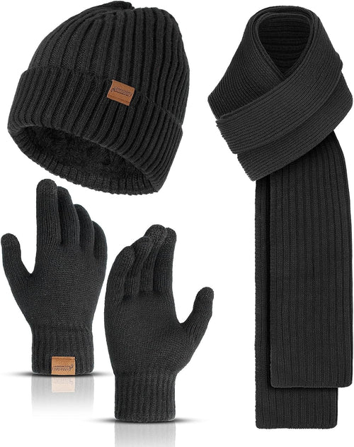 Winter Beanie Hats Long Neck Scarf for Men and Touchscreen Gloves 3PCS Set