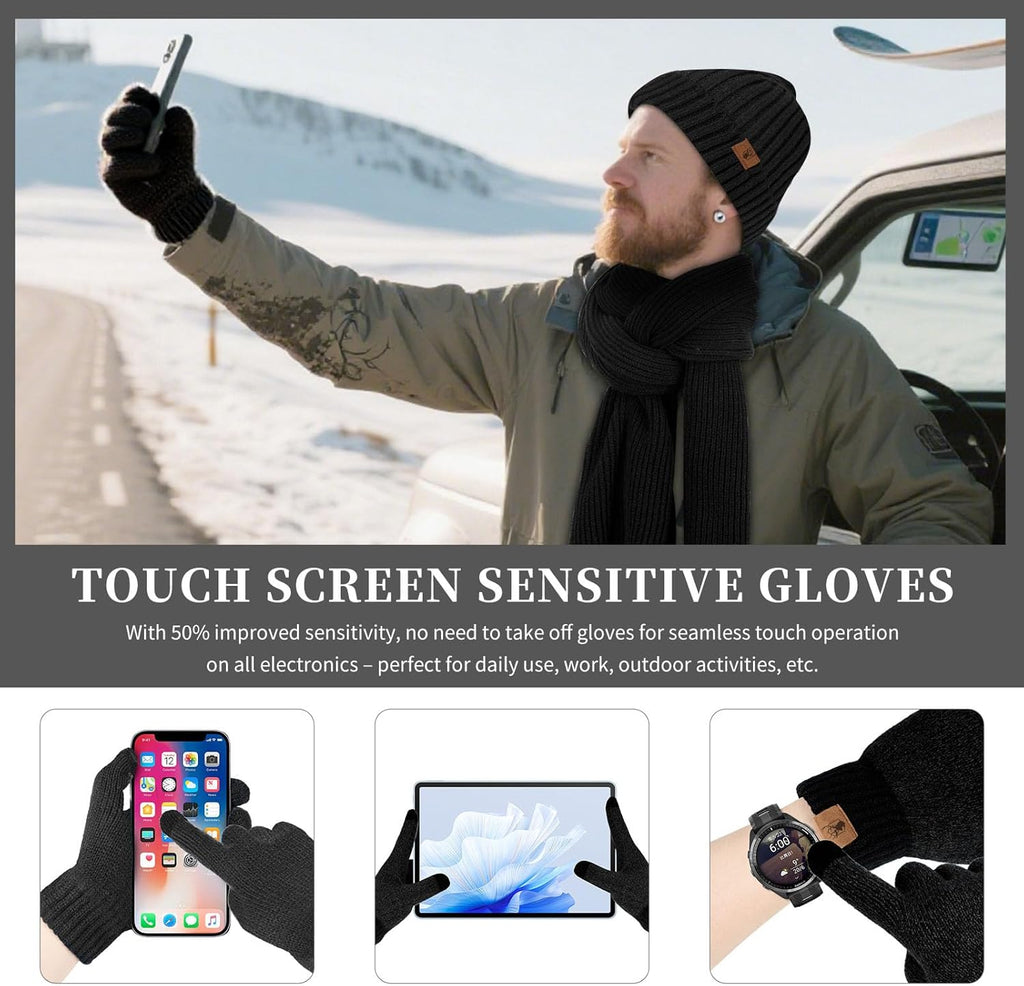 Winter Beanie Hats Long Neck Scarf for Men and Touchscreen Gloves 3PCS Set
