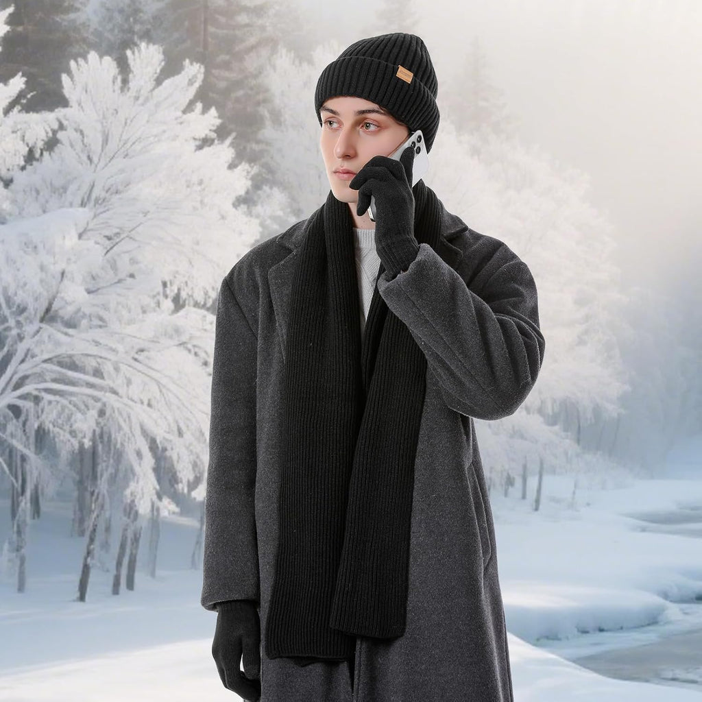 Winter Beanie Hats Long Neck Scarf for Men and Touchscreen Gloves 3PCS Set